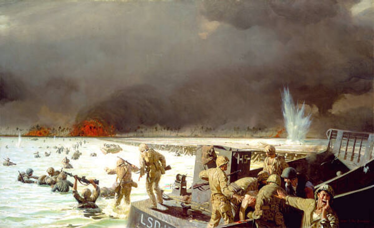 A painting depicting people wearing green military uniforms exiting vessels and wading ashore as explosions occur in the distance.
