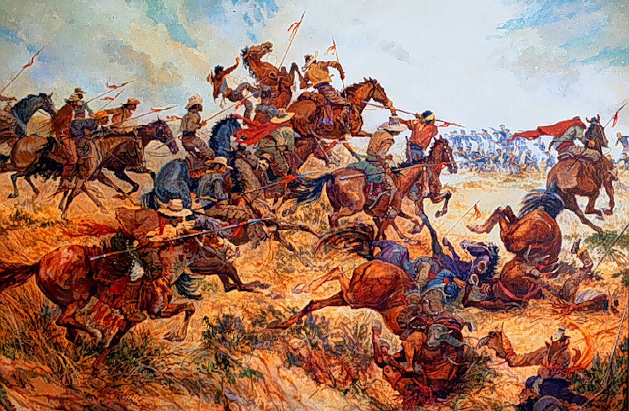 A painting depicting people on horseback and on the ground, holding weapons and fighting in a grassy field.