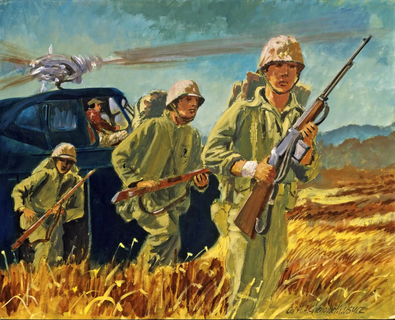 A painting depicting people wearing green military uniforms and carrying rifles exiting a helicopter and moving through tall grass.
