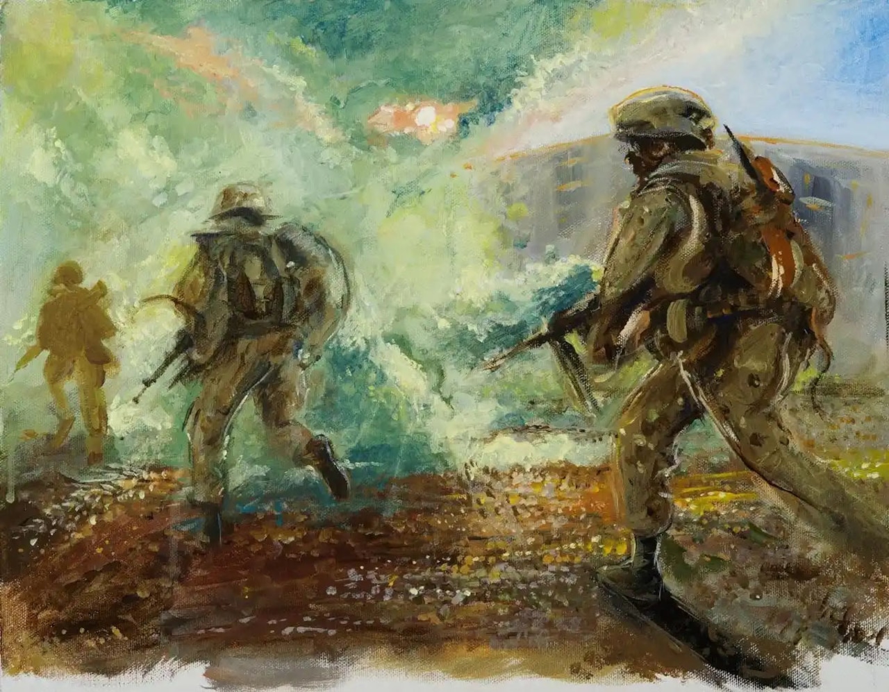 A painting depicting people wearing green military uniforms and carrying weapons as they move through green smoke.