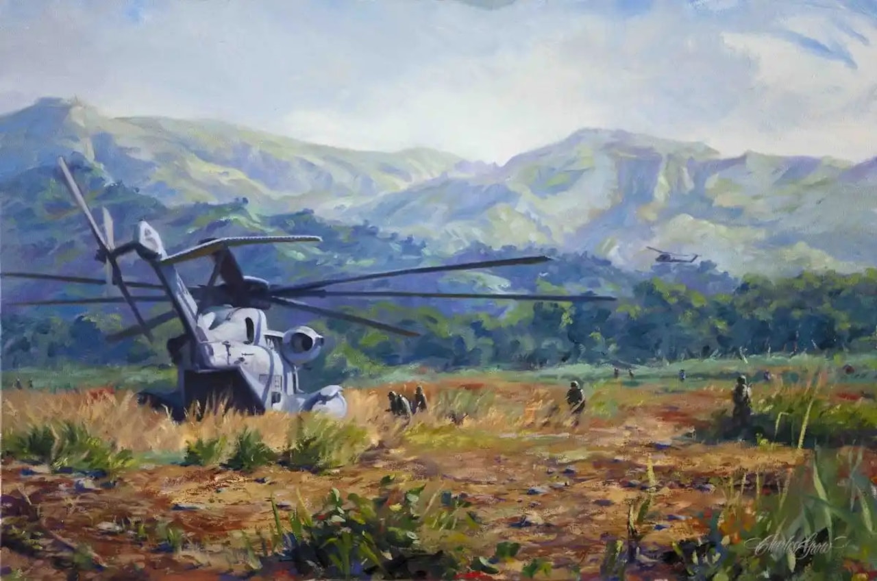A painting depicting troops with guns as they move through grassy terrain with a helicopter parked nearby and one flying in the distance.