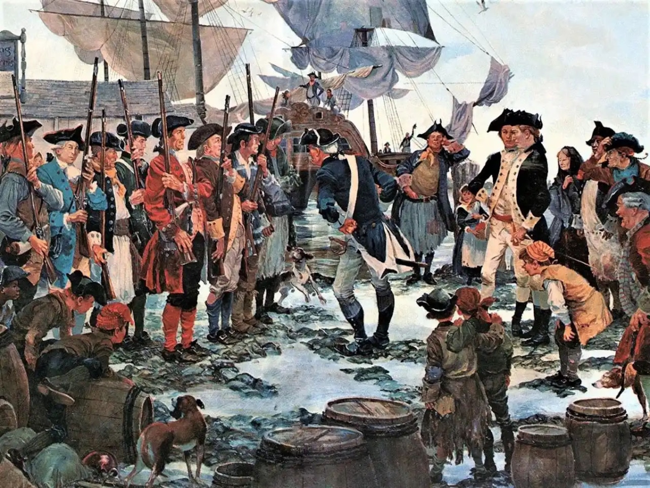 A painting depicting people wearing colonial military uniforms with muskets standing in formation with a sailboat behind them.
