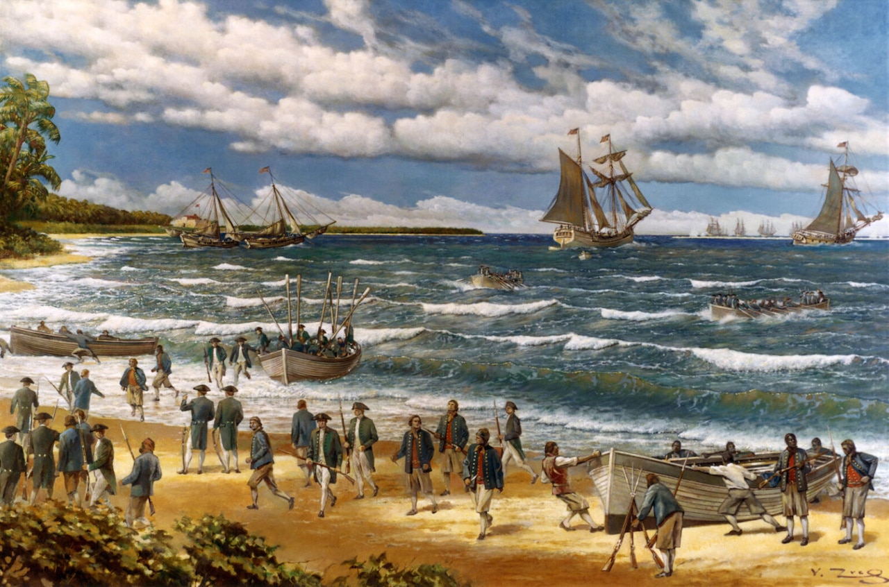 A painting depicting people wearing colonial military uniforms walking on a beach while others in small rowboats land on the beach after departing sailboats.
