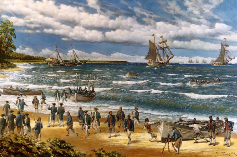 A painting depicting people wearing colonial military uniforms walking on a beach while others in small rowboats land on the beach after departing sailboats.