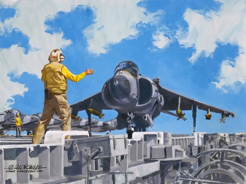 A painting depicting a person wearing a yellow and brown military uniform on the deck of a ship directs a taxiing jet.