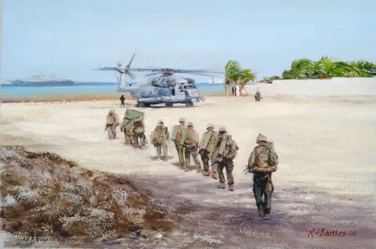 A painting depicting people wearing green military uniforms and carrying weapons moving through a sandy terrain with a helicopter parked nearby and one flying in the distance.