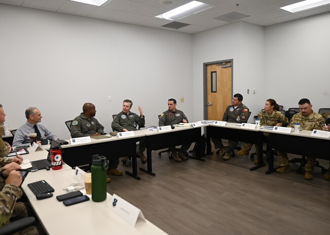 Members assigned to Air Forces Southern, Headquarters Air Force Operations (HAF/A3), Texas Air National Guard (TXANG), and the Chilean air force gather for the annual Airman-to-Airman Talks at Davis-Monthan Air Force Base, Arizona, Aug. 27, 2025. The annual A2A Talks was a subject matter exchange between the two forces focused on planned engagements for the coming year and also strengthened U.S.-Chilean partnership. (U.S. Air Force photo by Staff Sgt. Abbey Rieves)