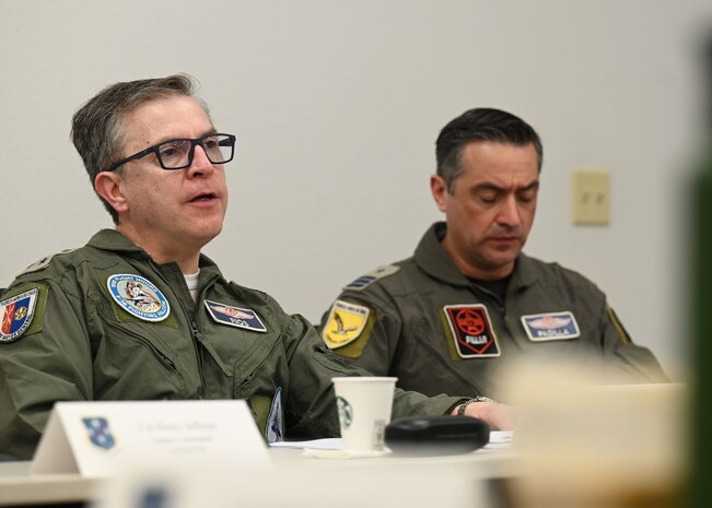 Chilean Air Force Maj. Gen. Alfredo Ríos, Chilean Air Force (FACh) director of operations, left, introduces himself during the 2025 Airman-to-Airman Talks at Davis-Monthan Air Force Base, Arizona, Aug. 27, 2025. The A2A Talks were designed to help build long-term professional relations, exchange ideas, and share lessons learned and best practices between the U.S. and Chilean air forces. (U.S. Air Force photo by Staff Sgt. Abbey Rieves)