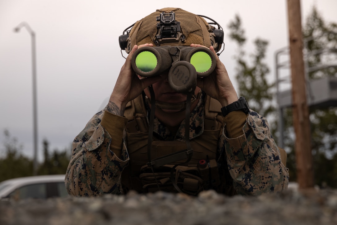 U.S. Marine Corps Sgt. Ethan Zilske, a platoon sergeant, with 3rd Battalion, 4th Marine Regiment, 1st Marine Division, observes targets through binoculars during a range familiarization training as part of ARTIC EDGE 25 at Joint Base Elmendorf-Richardson, Alaska, Aug. 16th, 2025. Specialized Artic training generates valuable lessons learned for warfighters and enablers ensuring they can execute their assigned missions in any environment.  AE25 is a NORAD and U.S. Northern Command-led homeland defense exercise designed to improve readiness, demonstrate capabilities and enhance Joint and Allied Force interoperability in the Arctic. (U.S. Marine Corps Photo by Lance Cpl. Edward Spears)
