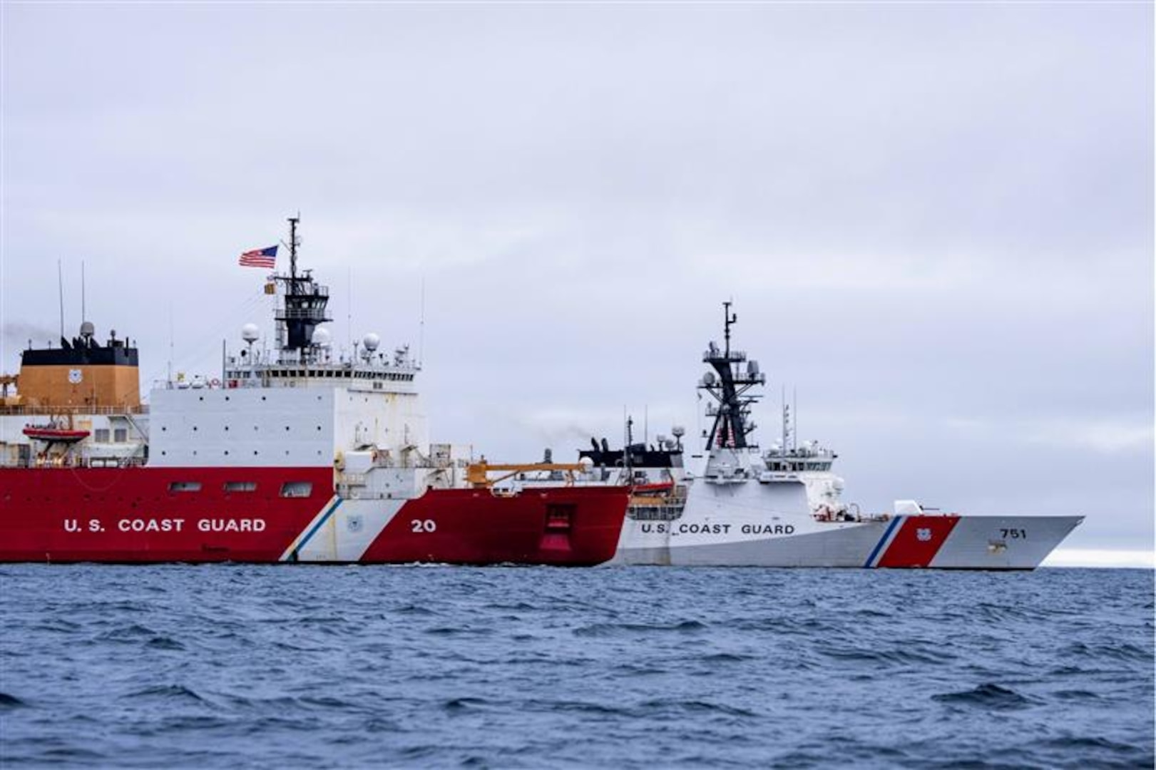 Coast Guard Cutter Healy (WAGB 20) and Coast Guard Cutter Waesche (WMSL 751) sail together in the Arctic Ocean, Aug. 30, 2025. The Coast Guard is the only U.S. surface presence in the Arctic and works in conjunction with U.S. Northern Command and Alaskan Command to constantly monitor foreign vessels operating in and near U.S. waters in support of U.S. homeland defense and security operations. (U.S. Coast Guard photo by Petty Officer 3rd Class Cameron Snell)