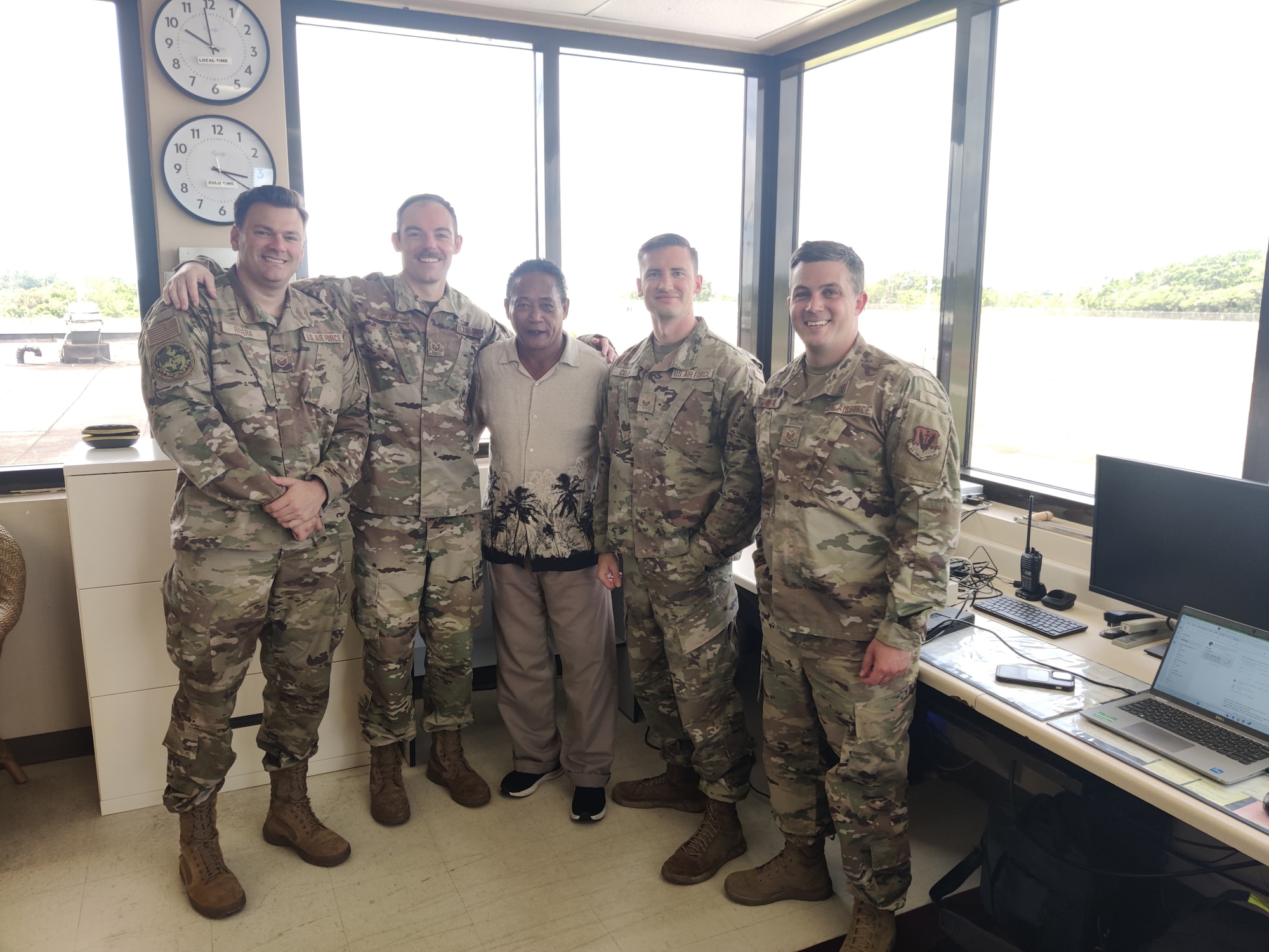 Guardsmen with the 258th Combat Airfield Operations Squadron out of Johnstown, Pennsylvania, pose for a photo