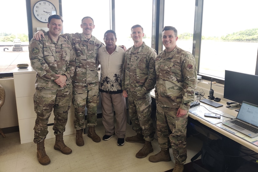 Pennsylvania Air National Guardsmen with the 258th Combat Airfield Operations Squadron out of Johnstown, Pennsylvania, pose for a photo at Palau’s International Airport with the local liaison officer during Exercise Resolute Force Pacific 2025 Aug.13, 2025. The 258th Combat Airfield Operations Squadron is a geographically separated unit of the 171st Air Refueling Wing and serves an essential mission by providing air traffic control services both stateside and overseas to civil, military, and even presidential aircraft while also maintaining mobile readiness to deploy. (U.S. Air National Guard Photo)
