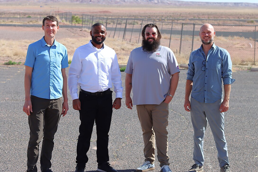 From left, Jonathan Hallemeier, Alan Wells, Chris Stanton and Joel Pliskin of the U.S. Army Corps of Engineers Los Angeles District Silver Jackets planning team pose for a photo May 30 in Birdsprings, Arizona. The Birdsprings Chapter of the Navajo Nation hosted the inaugural flood-response tabletop exercise in partnership with the Silver Jackets, a program that brings together local, tribal, state and federal agencies to collaboratively address flood risk and other natural hazards. (Photo by Robert DeDeaux, Los Angeles District PAO)