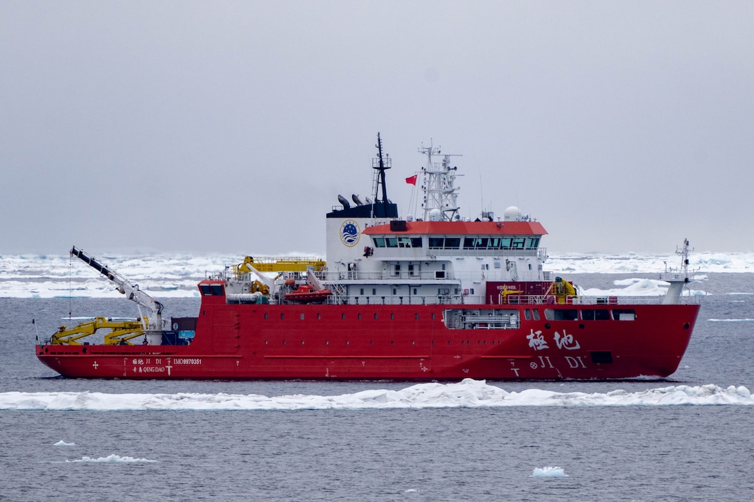 The China-flagged research vessel JIDI operates approximately 265 miles northwest of Utqiagvik, Alaska, September 2, 2025. The Coast Guard Arctic District deployed USCGC Healy (WAGB-20) to monitor and query the vessel. (U.S. Coast Guard Courtesy Photo)