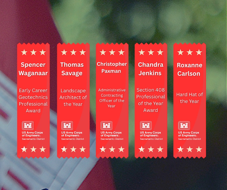 Five ribbons with names and their respective awards.