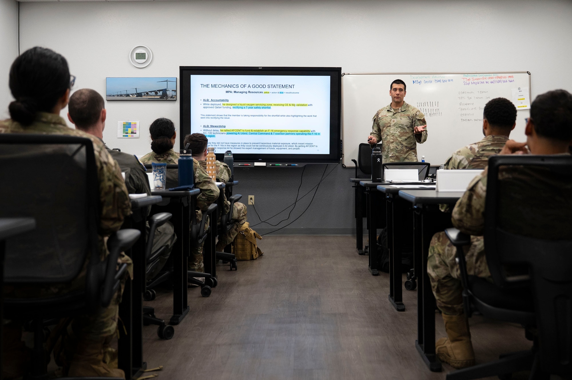 U.S. Air Force Master Sgt. Michael Picciano, 68th Rescue Squadron first sergeant, briefs Airmen during the Junior Enlisted Foundations 300 Course at Davis-Monthan Air Force Base, Arizona, Sept. 3, 2025. The course is designed to hone leadership skills and confidence, ensuring Airmen are better prepared to meet challenges throughout their military service. (U.S. Air Force photo by Airman 1st Class Samantha Melecio)