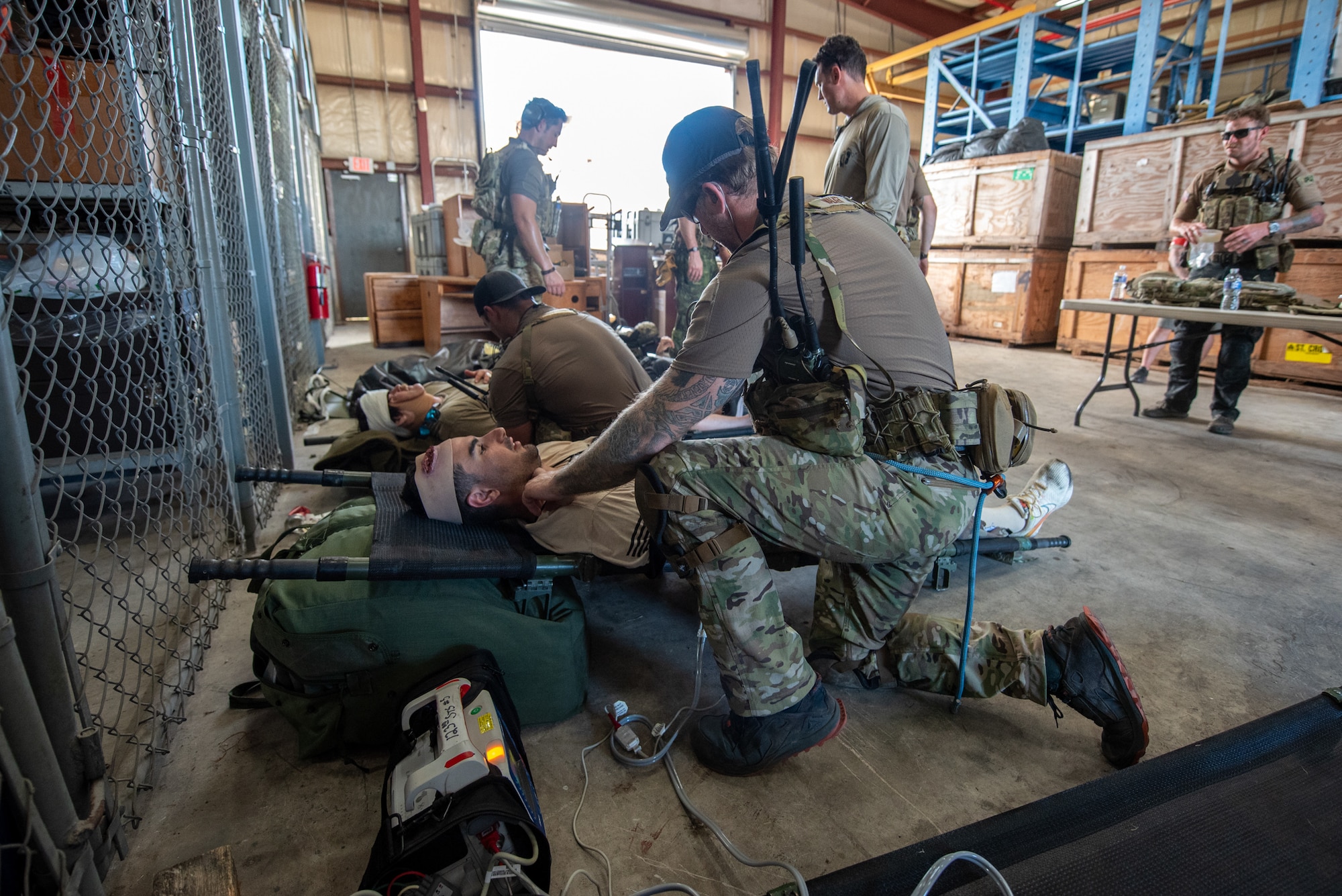 U.S. Air Force special tactics Airmen from the Kentucky Air National Guard’s 123rd Airlift Wing provide medical treatment to role-players during a mass casualty exercise at the Virgin Islands Air National Guard Station in Christiansted, U.S. Virgin Islands, Aug. 29, 2025 as part of Emerald Warrior 25.2, a large-scale special operations exercise staged in multiple locations by Air Force Special Operations Command. After being stabilized, the patients were evacuated aboard UH-60 Black Hawks from the Mississippi Army National Guard’s 185th Aviation Brigade. (U.S. Air National Guard photo by Phil Speck)