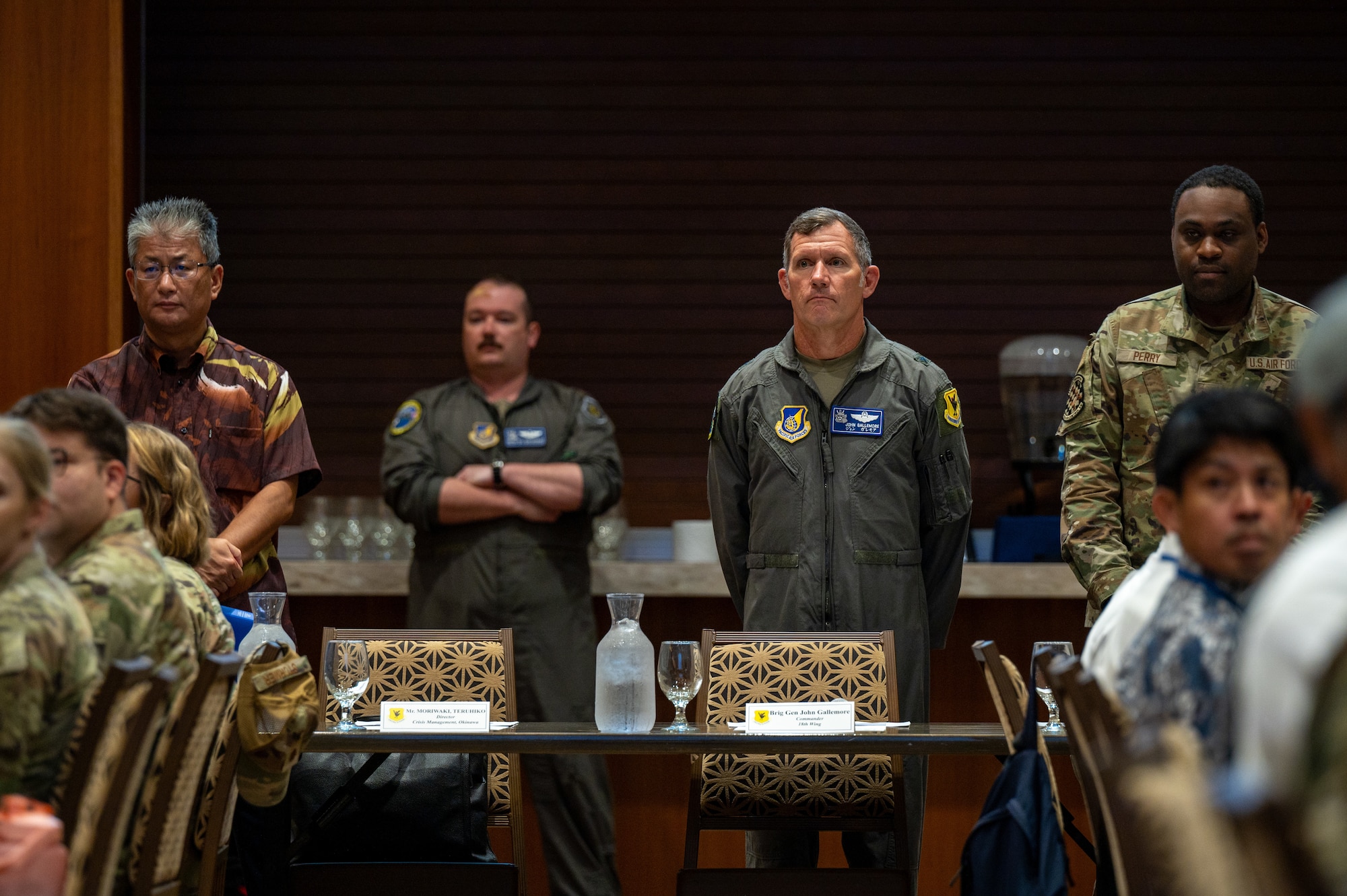 18th Wing commander and the Okinawa Crisis Management director give their opening remarks during a bilateral tabletop exercise