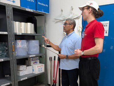 James Elliott, the Logistics Readiness Center Wiesbaden food service worker supervisor, (left) conducts an inventory of expendable items with Ilija Topcic, an administrative assistant and contractor from Croatia, at the Stronger Together Café on Clay Kaserne in Wiesbaden, Germany, Sept. 3, 2025. (U.S. Army courtesy photo)
