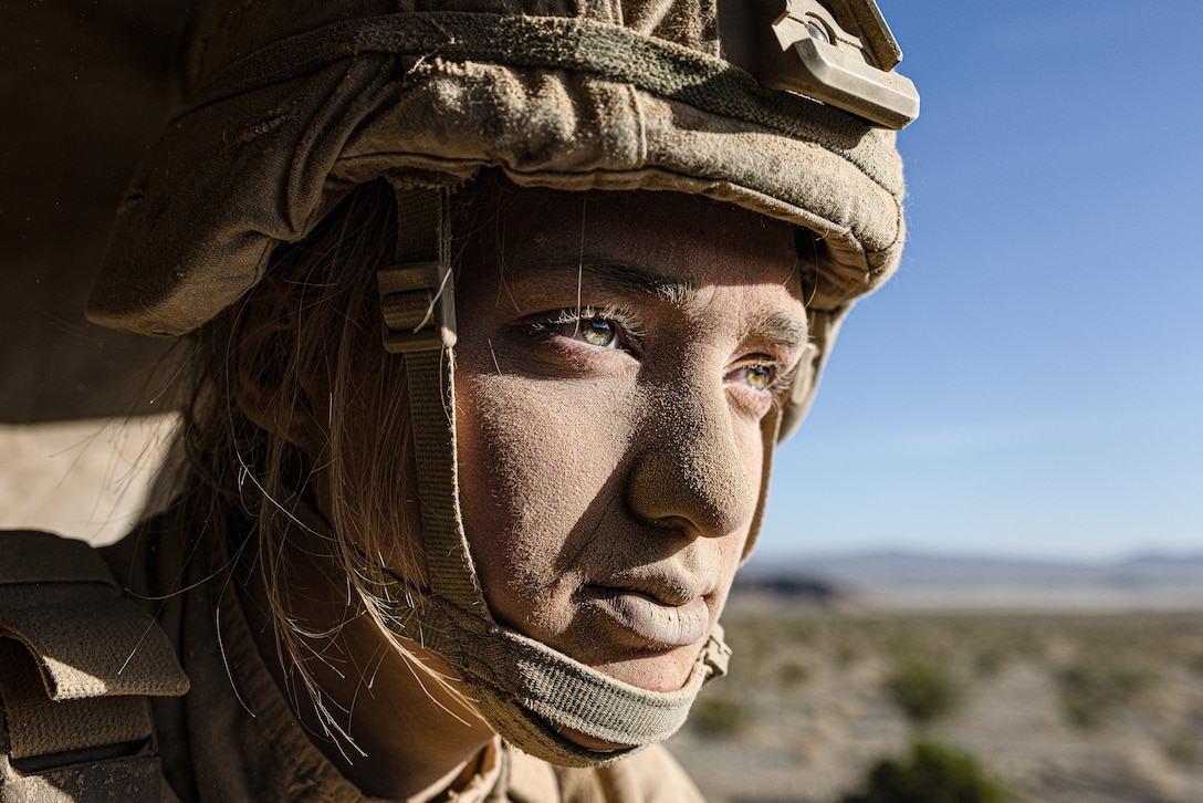 U.S. Marine Corps Cpl. Mariia Bobryk with Headquarters Battalion, 2d Marine Division, II Marine Expeditionary Force, convoys as part of Marine Air Ground Task Force Warfighting Exercise during Service Level Training Exercise 4-25, at Marine Corps Air-Ground Combat Center, Twentynine Palms, California, Aug. 20, 2025. SLTE 4-25 is designed to be a challenging, realistic training environment that produces combat-ready forces capable of operating as an integrated Marine Air Ground Task Force across all domains of military operations. (U.S. Marine Corps photo by Lance Cpl. Judith Ann Lazaro)