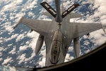 A Royal Thai Air Force F-16 Fighting Falcon receives fuel during air-to-air training from a U.S. Air Force KC-135 Stratotanker assigned to the 116th Air Refueling Squadron, Washington Air National Guard, as part of Enduring Partners 2025 above Nakhon Ratchasima, Thailand, Aug. 25, 2025. Enduring Partners allows U.S. and Thai Service Members to strengthen relationships, validate and enhance interoperability through training, air-to-air refueling, and ground-controlled interception.