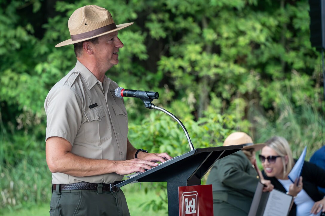 Crowds gathered at the overlook area at Brookville Lake in Brookville, Indiana, July 25, 2025, for a ceremony hosted by the U.S. Army Corps of Engineers Louisville District to celebrate the 50th anniversary of the lake’s dedication. For more than five decades, through the joint management of USACE and the Indiana Department of Natural Resources, Brookville Lake has served not only as a flood risk management project but also as a place of solitude and adventure for the surrounding community.