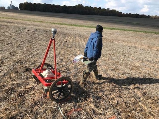 A contractor completes Digital Geophysical Mapping as part of a time critical removal action at the former Camp Breckinridge in Union County, Kentucky.