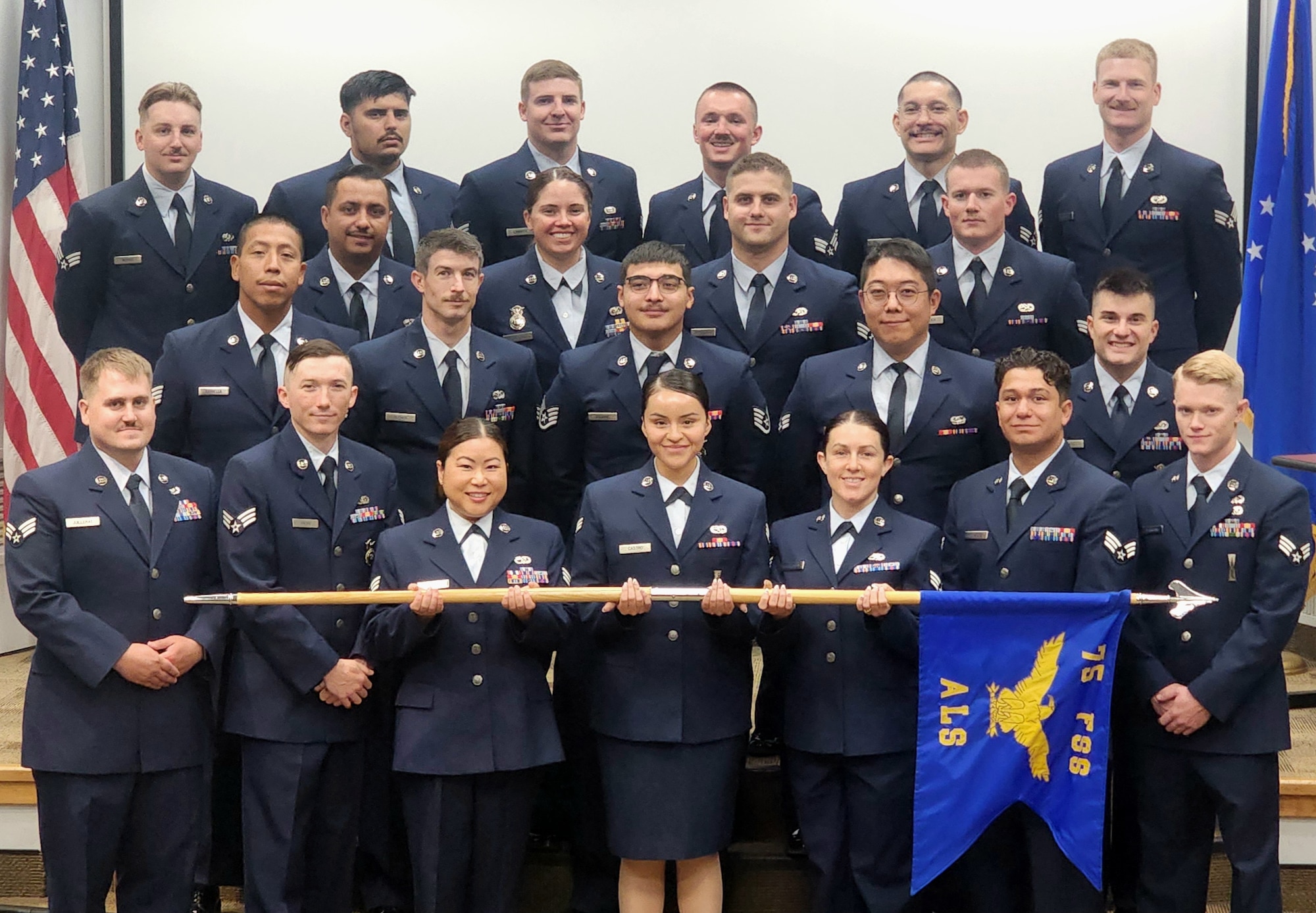 Airmen enrolled in Airman Leadership School Class 25-Foxtrot here were honored during a graduation ceremony Aug. 28 at The Landing.