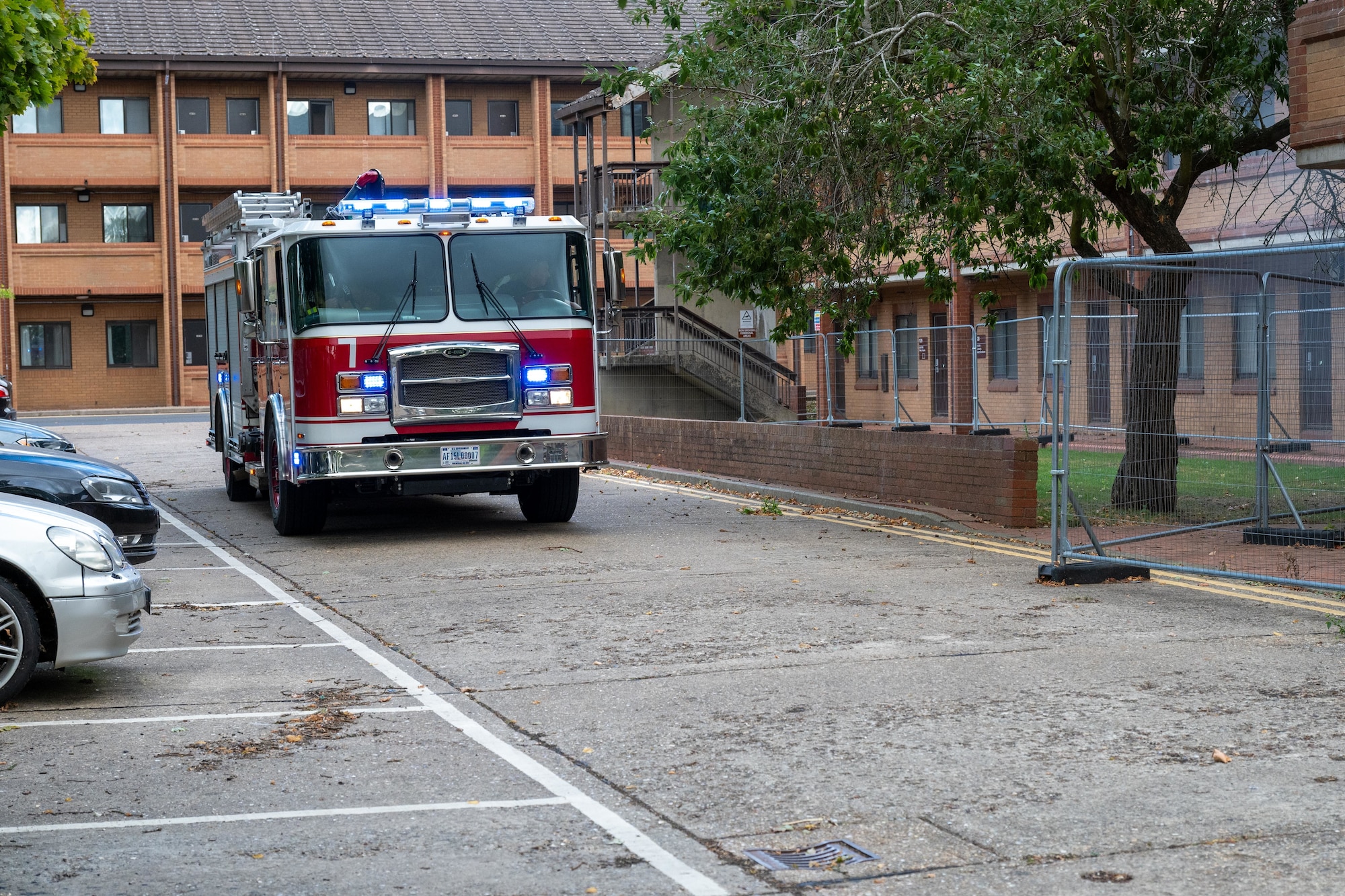 A fire engine responds during a joint emergency training exercise