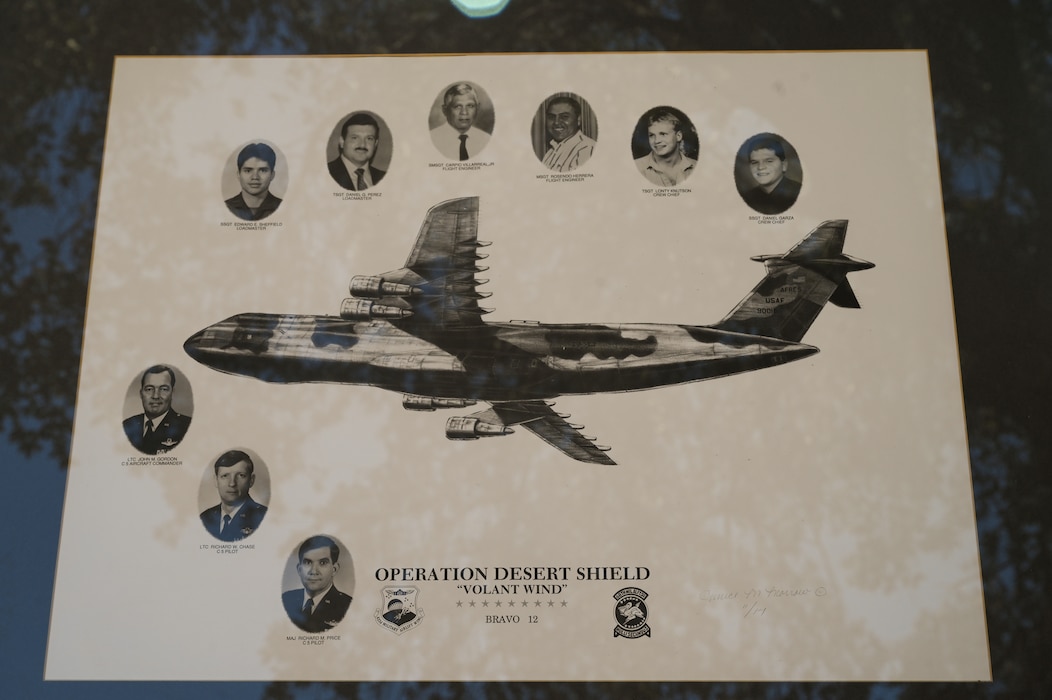 A memorial photo collage shows the portraits of the nine 433rd Military Airlift Wing Airmen who lost their lives during the BRAVO-12 crash Aug. 29, 1990.