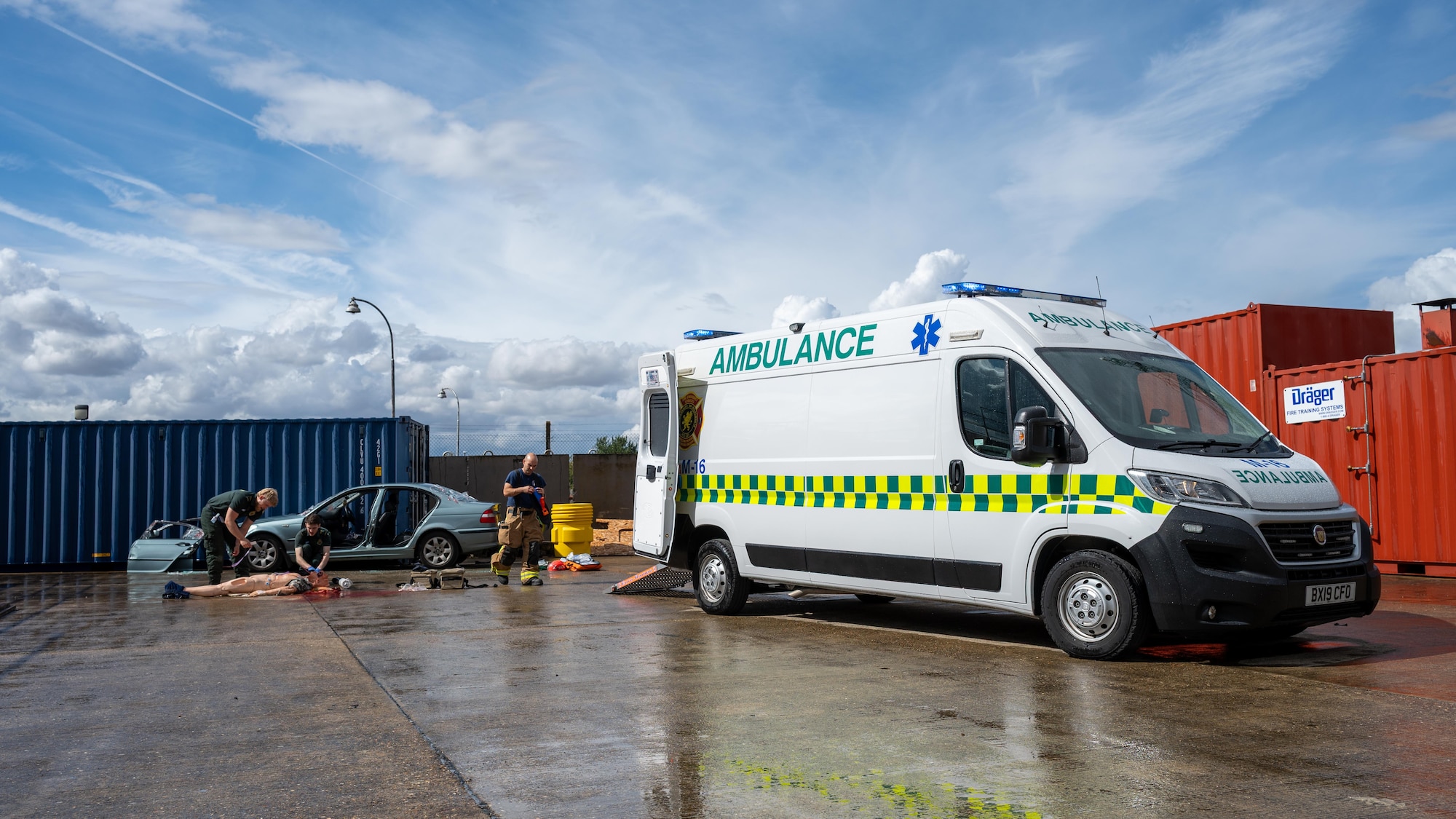 UK paramedics and firefighters respond to a simulated vehicle accident