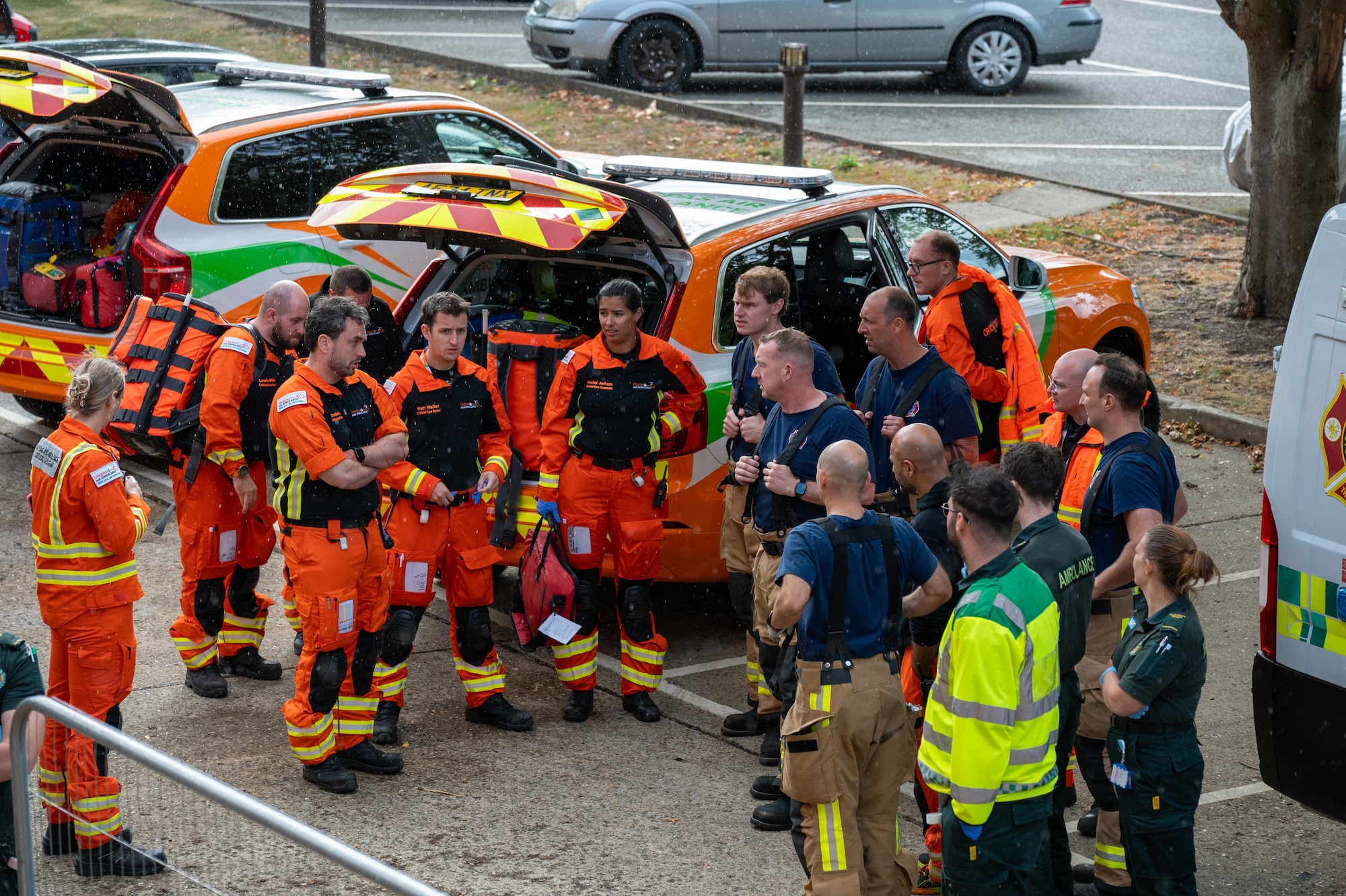 UK paramedics and firefighters gather for a briefing