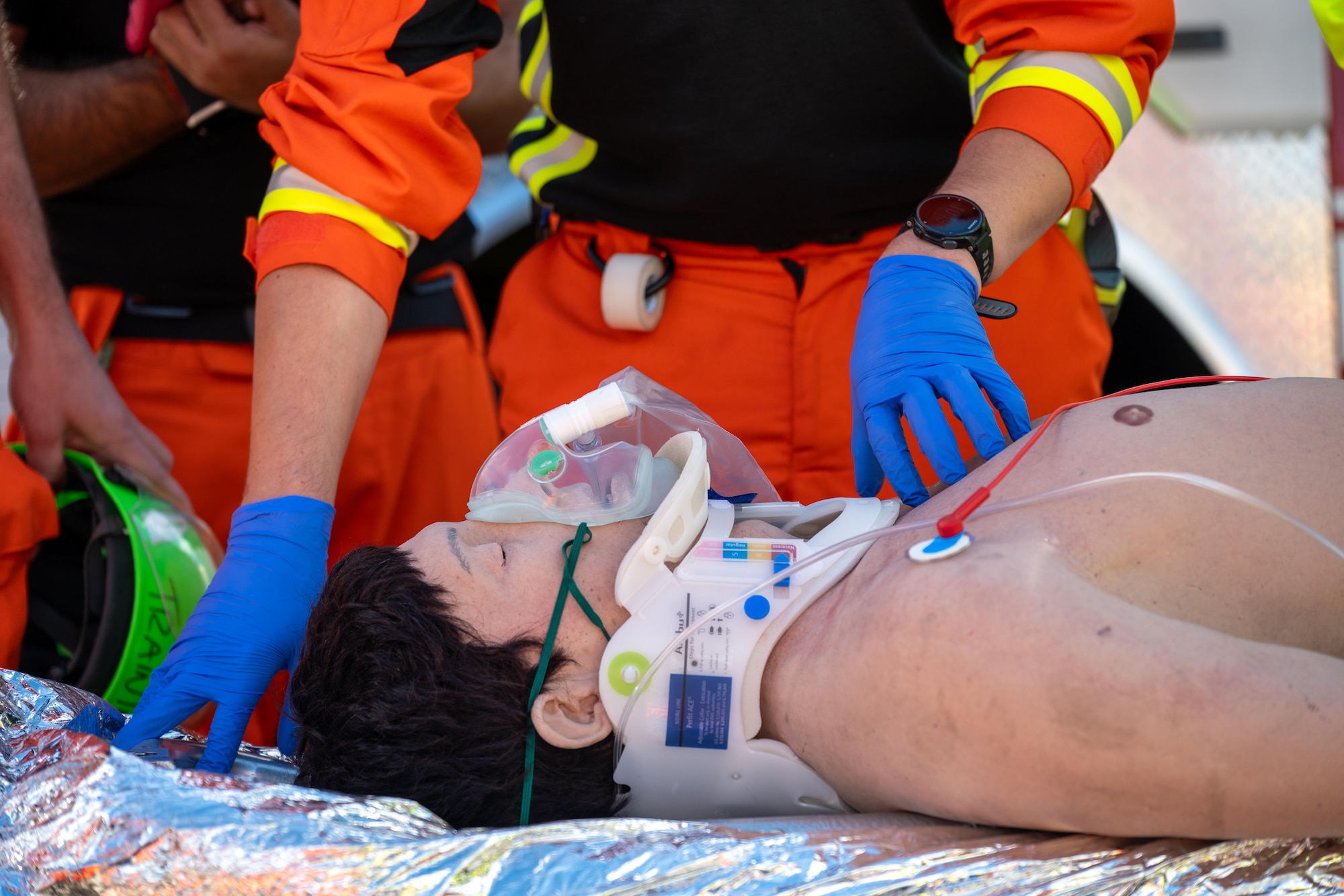 UK paramedics stabilize a simulated casualty