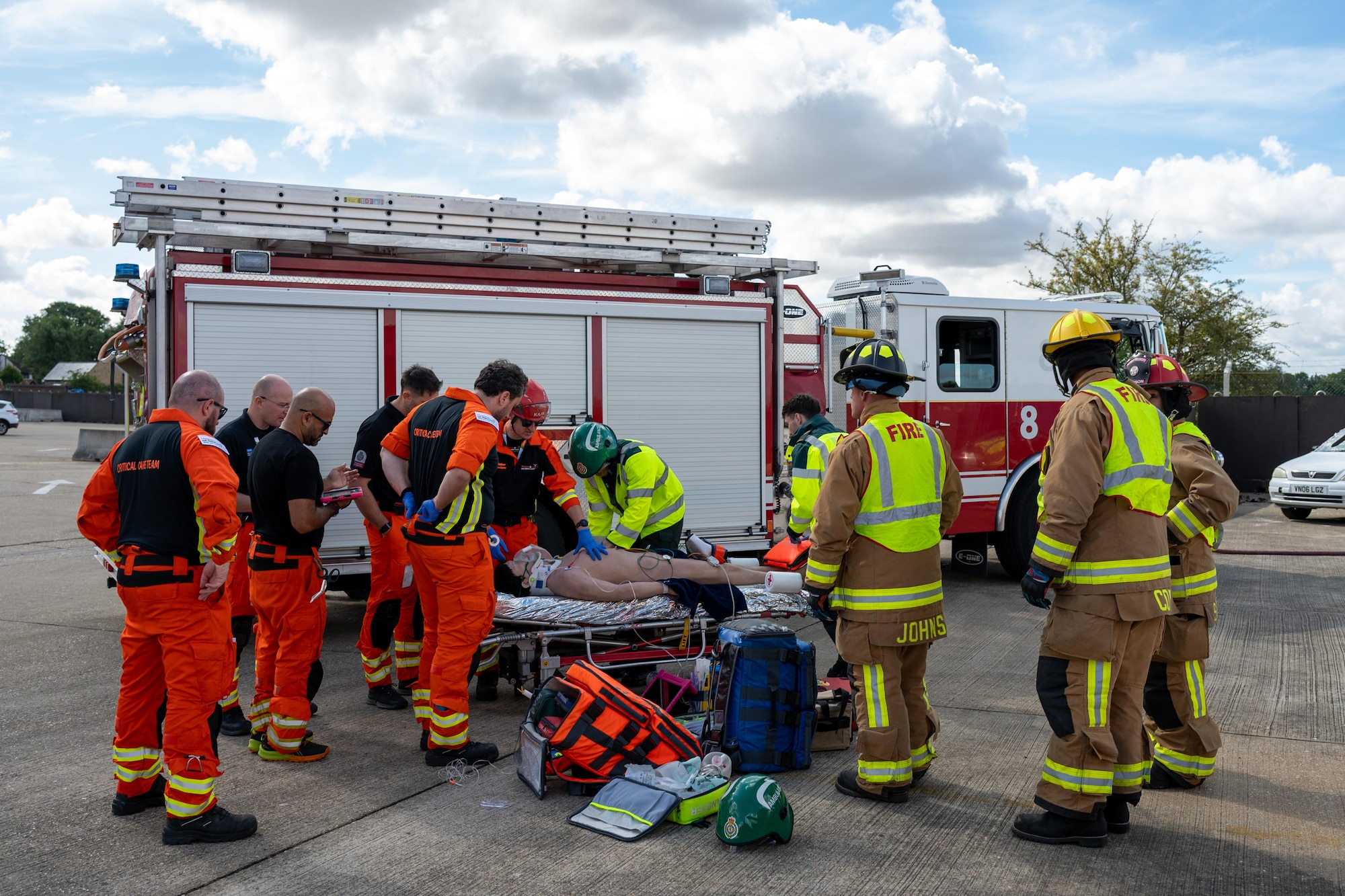 UK paramedics and firefighters treat a simulated casualty