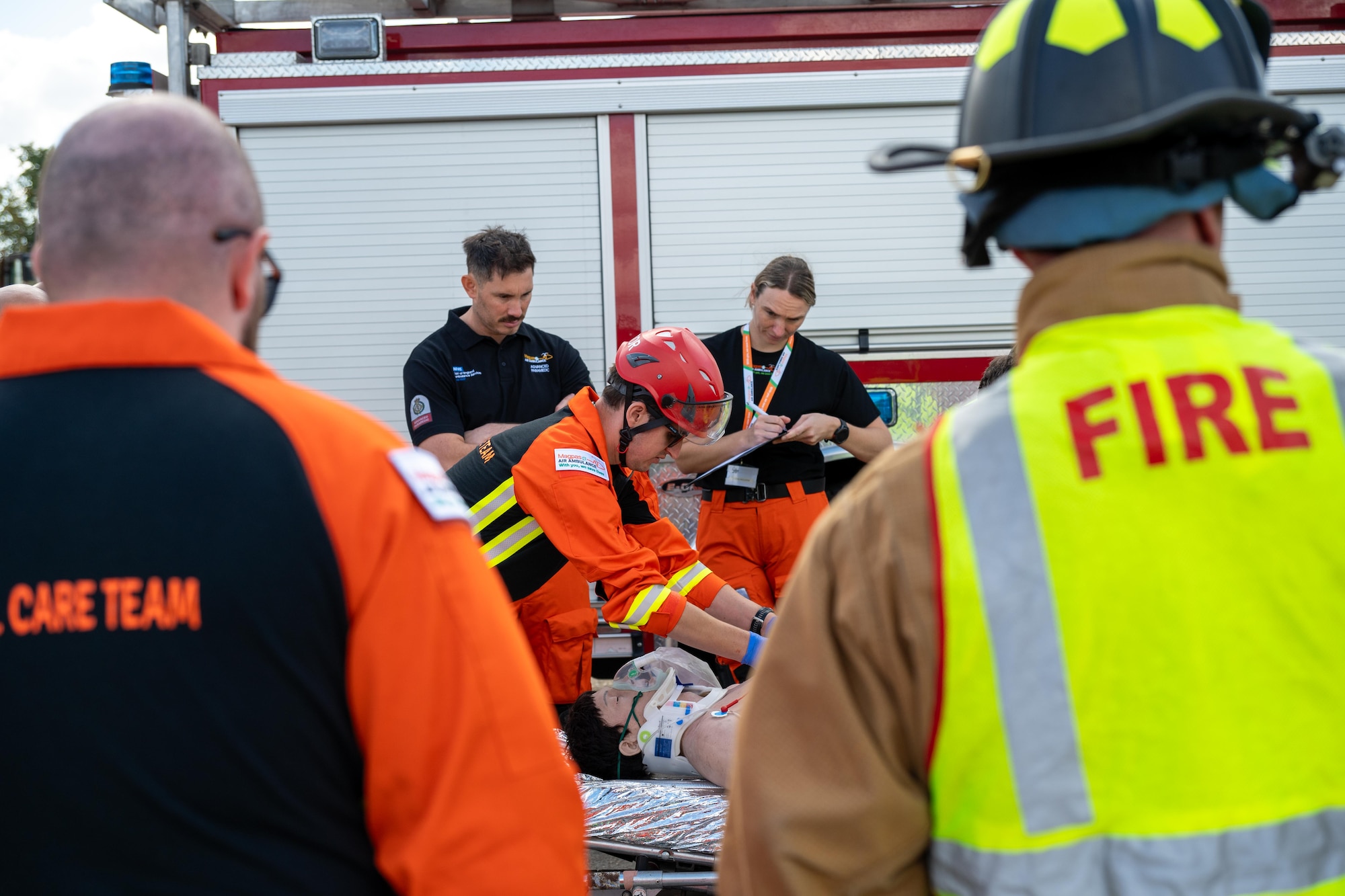 UK paramedics and firefighters treat a simulated casualty