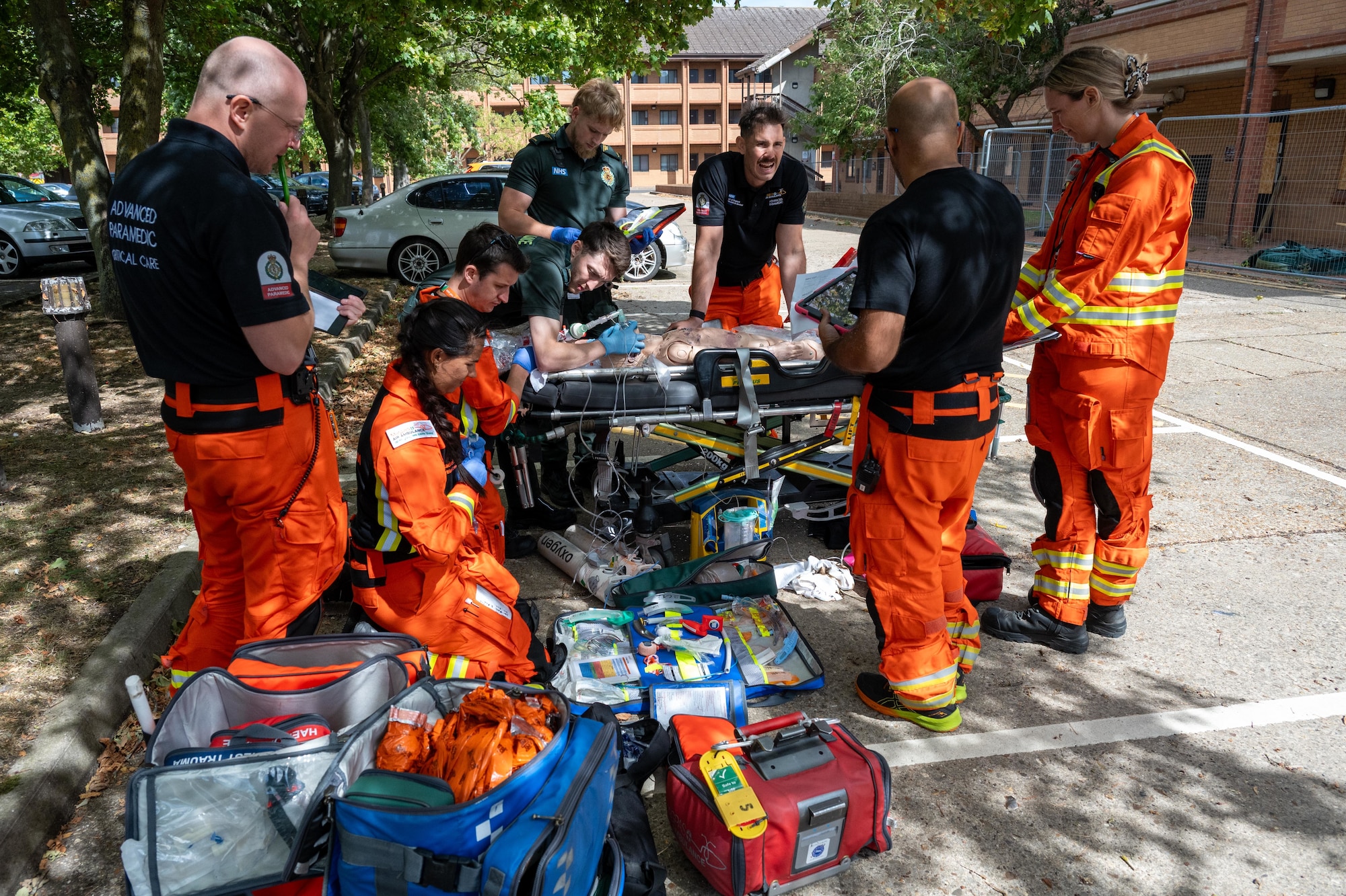 UK paramedics treat a simulated casualty during a joint emergency response exercise