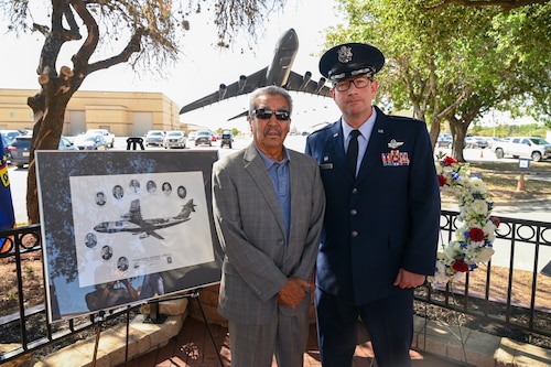 Retired Tech. Sgt. Lorenzo Galvan, a former 68th Airlift Squadron loadmaster, poses for a photo with Col. Douglas Jeffrey, 433rd Airlift Wing commander, following a remembrance ceremony outside the 68th Airlift Squadron building on Joint Base San Antonio-Lackland, Texas Aug. 29, 2025.