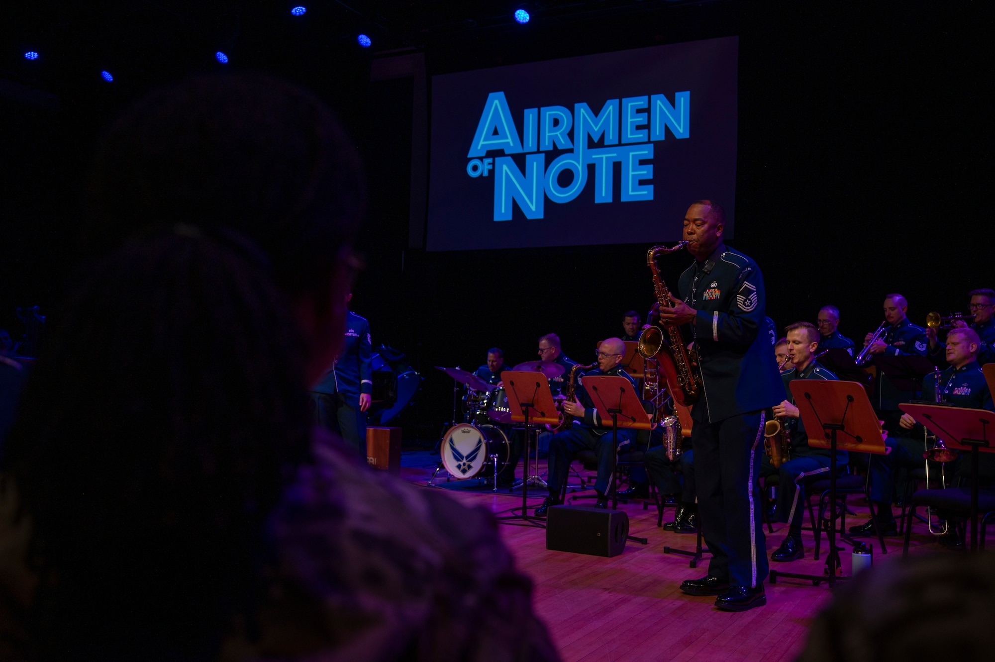 U.S. Air Force Senior Master Sgt. Grant M. Langford, a saxophonist with The U.S. Air Force Band’s Airmen of Note, performs for attendees of an immersion tour at Joint Base Anacostia-Bolling, Washington, D.C., Aug. 26, 2025. The Airmen of Note’s mission, as a part of The U.S. Air Force Band, is to honor those who have served, inspire American citizens to heightened patriotism and service, and connect the global community on behalf of the U.S. Air Force and the United States. (U.S. Air Force photo by Hayden Hallman)