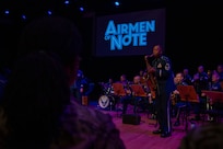 U.S. Air Force Senior Master Sgt. Grant M. Langford, a saxophonist with The U.S. Air Force Band’s Airmen of Note, performs for attendees of an immersion tour at Joint Base Anacostia-Bolling, Washington, D.C., Aug. 26, 2025. The Airmen of Note’s mission, as a part of The U.S. Air Force Band, is to honor those who have served, inspire American citizens to heightened patriotism and service, and connect the global community on behalf of the U.S. Air Force and the United States. (U.S. Air Force photo by Hayden Hallman)