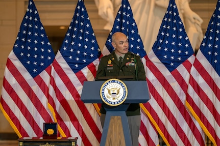 U.S. Army Col. Bryon Linnehan, Commander of the 369th Sustainment Brigade, New York Army National Guard, addresses the audience during a Congressional Gold Medal award ceremony for the Army’s World War I 369th Infantry Regiment, the “Harlem Hellfighters,” in Emancipation Hall at the U.S. Capitol, September 3, 2025, in Washington.