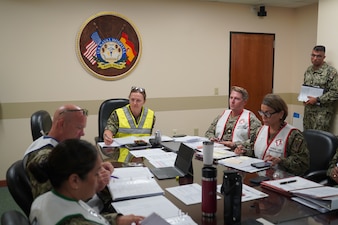 250821-N-FT324-8667. ROTA, SPAIN (Aug. 21, 2025) Incident command staff at Naval Medical Readiness and Training Command (NMRTC) Rota coordinate response operations during a joint mass casualty drill. The command team directed triage, treatment, and evacuation efforts, reinforcing the hospital’s role in sustaining medical readiness and supporting the warfighter mission. (U.S. Navy photo by Lt. Cmdr. Jonathan Phillips)