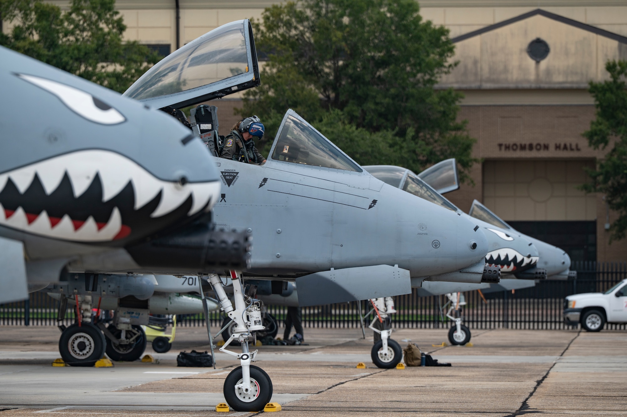 A military airplane stands on the Keesler airfield.