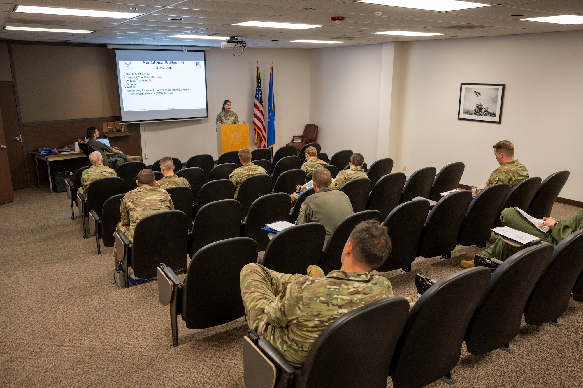 The 49th Wing’s newest commanders participate in the Squadron Commander course at Holloman Air Force Base, New Mexico, Aug. 27, 2025. The Squadron Commander Course was designed to teach commanders how to effectively lead their respective units by participating in selected briefings from different agencies across the base. (U.S. Air Force photo by Airman 1st Class Elijah Strickland)