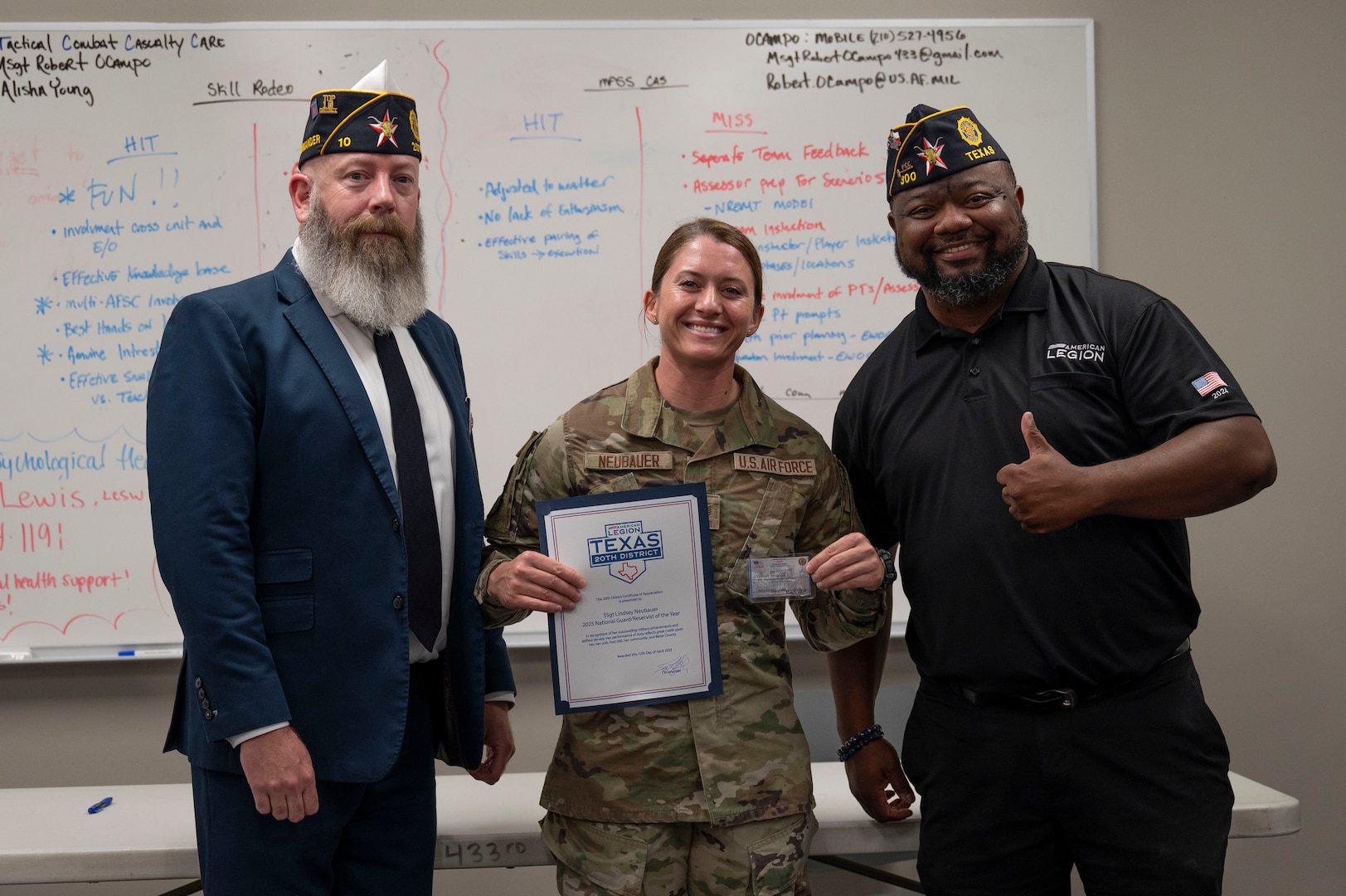 Staff Sgt. Lindsey Neubauer, 433rd Aeromedical Staging Squadron, was presented the Spirit of Service Award by the American Legion, during the 433rd Medical Group’s commander’s call, Aug. 2, 2025.