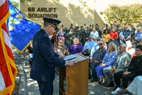 Col. Douglas Jeffrey, 433rd Airlift Wing commander, delivers remarks during a remembrance ceremony outside the 68th Airlift Squadron building on Joint Base San Antonio-Lackland, Texas Aug. 29, 2025.