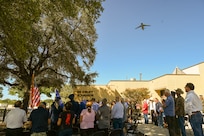 A 433rd Airlift Wing C-5M Super Galaxy passes over during a remembrance ceremony outside the 68th Airlift Squadron building on Joint Base San Antonio-Lackland, Texas Aug. 29, 2025.
