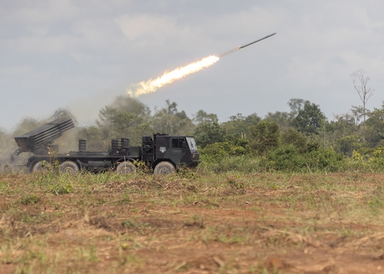 Indonesian Marines fire a RM-70 multiple rocket launcher system at a live-fire event during Super Garuda Shield 25 in Baturaja, Indonesia, Sept. 1, 2025. Super Garuda Shield is an annual exercise between the Indonesian National Armed Forces and U.S. Military designed to strengthen bilateral interoperability, capabilities, and cooperation. (U.S. Marine Corps photo by Staff Sgt. Godfrey Ampong)