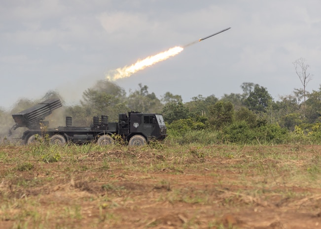Indonesian Marines fire a RM-70 multiple rocket launcher system at a live-fire event during Super Garuda Shield 25 in Baturaja, Indonesia, Sept. 1, 2025. Super Garuda Shield is an annual exercise between the Indonesian National Armed Forces and U.S. Military designed to strengthen bilateral interoperability, capabilities, and cooperation. (U.S. Marine Corps photo by Staff Sgt. Godfrey Ampong)