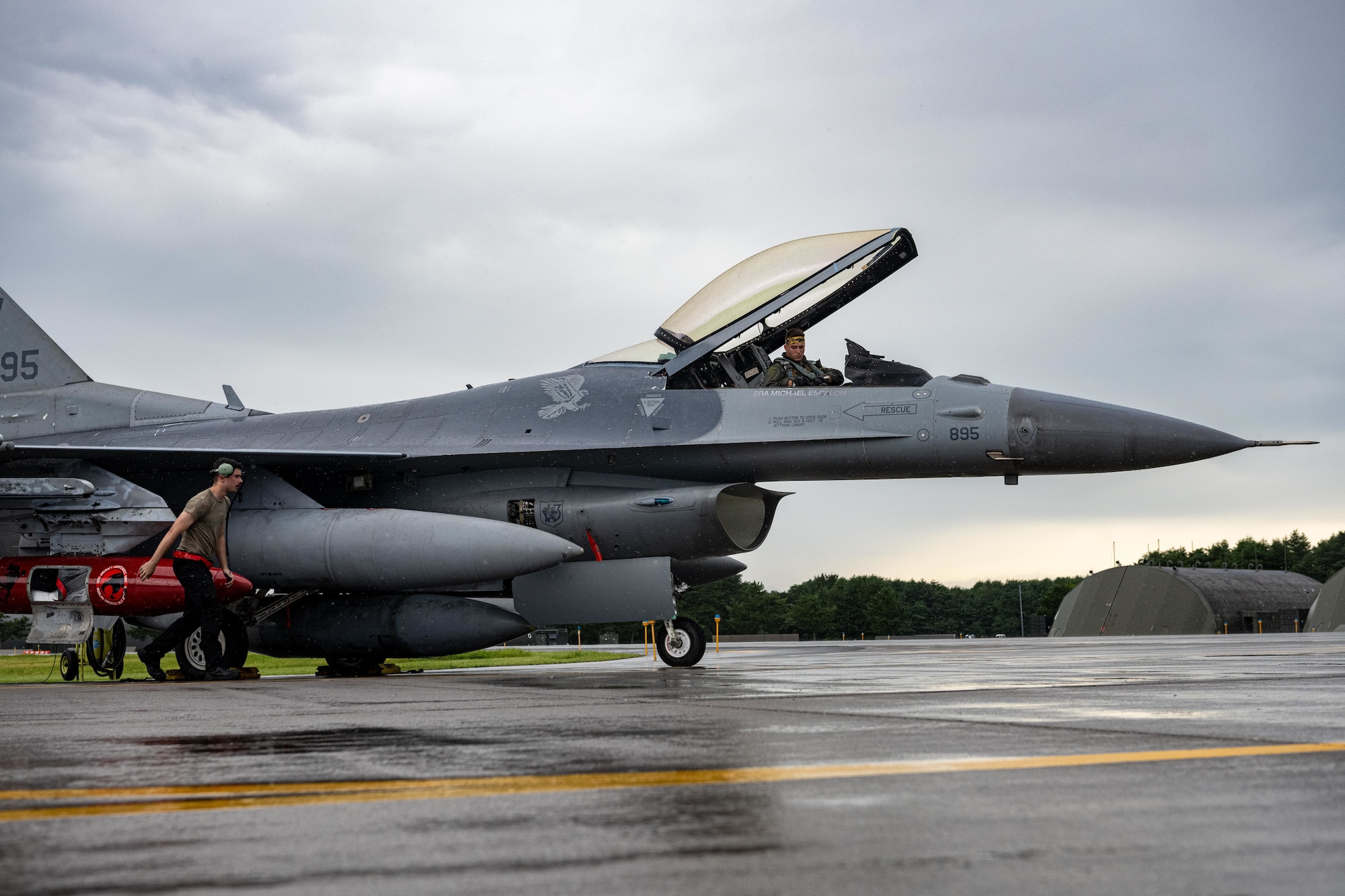 U.S. Air Force Capt. Jacob Willenbrock, 14th Fighter Squadron F-16 Fighting Falcon pilot, and Senior Airman John Durkin, 13th Fighter Generation Squadron crew chief, complete pre-flight inspections before divestment.