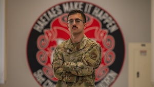 U.S. Air Force Staff Sgt. Jose Medina, 51st Civil Engineer Squadron electrical systems craftsman, poses for a photo at Osan Air Base, Republic of Korea, Sept. 3, 2025. Medina was recognized as Mustang of the Week for his dedication to keeping Osan’s runway well-lit and maintained. (U.S. Air Force photo by Senior Airman Rome Bowermaster)